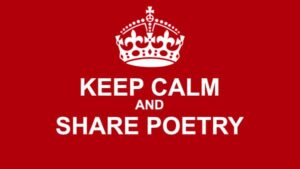 poster of keep calm and share poetry in white block capitals on red background