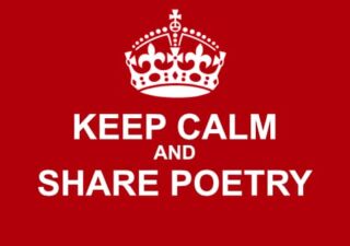 poster of keep calm and share poetry in white block capitals on red background