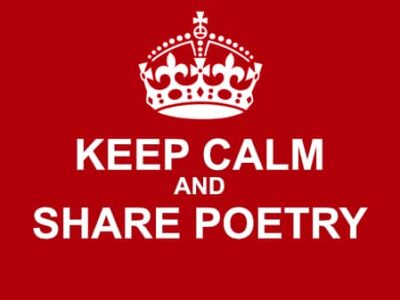 poster of keep calm and share poetry in white block capitals on red background