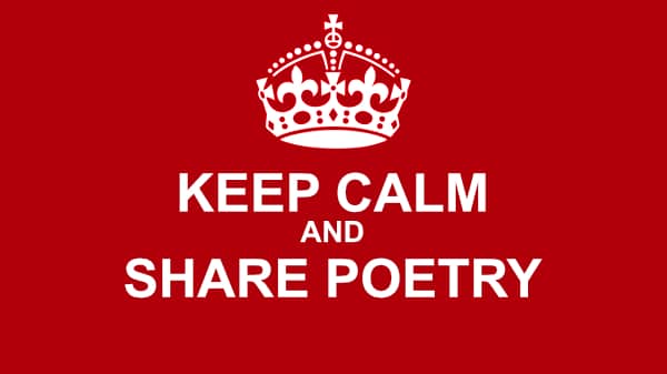 poster of keep calm and share poetry in white block capitals on red background