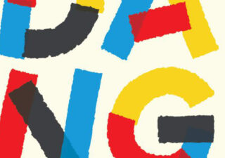 Crop from cover of RENDANG by Will Harris, bright red blue and yellow letters on white
