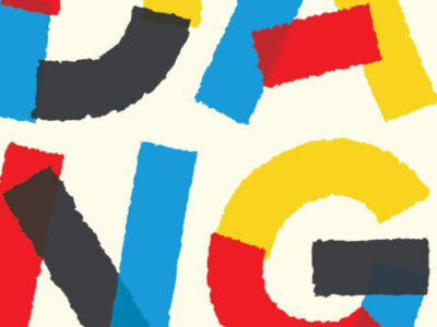 Crop from cover of RENDANG by Will Harris, bright red blue and yellow letters on white