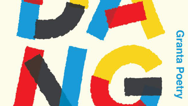 Crop from cover of RENDANG by Will Harris, bright red blue and yellow letters on white