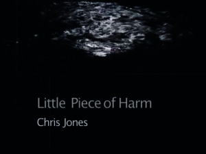 Part of the front cover of 'Little Piece of Harm' by Chris Jones showing a wet puddle ion a pavement n the dark, in an urban setting