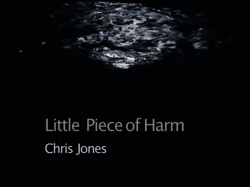Part of the front cover of 'Little Piece of Harm' by Chris Jones showing a wet puddle ion a pavement n the dark, in an urban setting