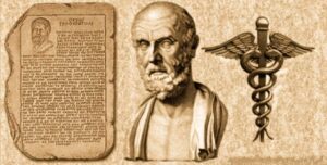 Composite picture of Hippocrates, the Hippocratic oath and the Rod of Asclepius