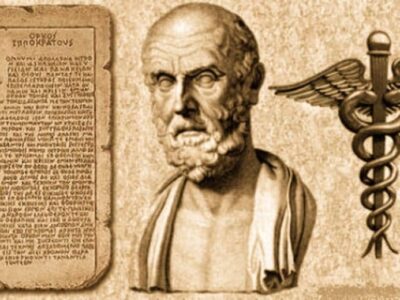 Composite picture of Hippocrates, the Hippocratic oath and the Rod of Asclepius