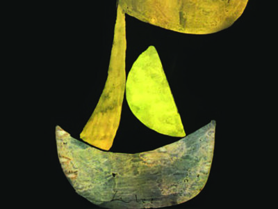 Part of the front cover of The Out-Islands by Martin Edwards showing what looks like an abstract yellow boat