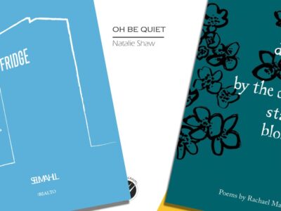 Three poetry pamphlets - 'Fridge' by Selima Hill (blue with a white outline pic of a fridge and a goose on?, 'Oh Be Quiet' by Natalie Shaw (white with a bit of yellow), and 'do not be lulled by the dainty starlike blossom' by Rachael Matthews - dark green with black outline flowers