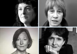 Black and white image showing four female poets, Carol Ann Duffy, Penelope Shuttle, Linda France and Evan Bolan. They all look poetically pensive