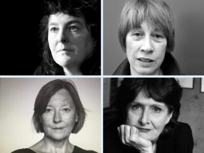 Black and white image showing four female poets, Carol Ann Duffy, Penelope Shuttle, Linda France and Evan Bolan. They all look poetically pensive