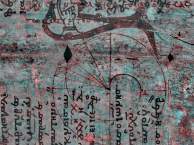 Archimedes palimpsest, Ancient Greek text on a turquoise and red background