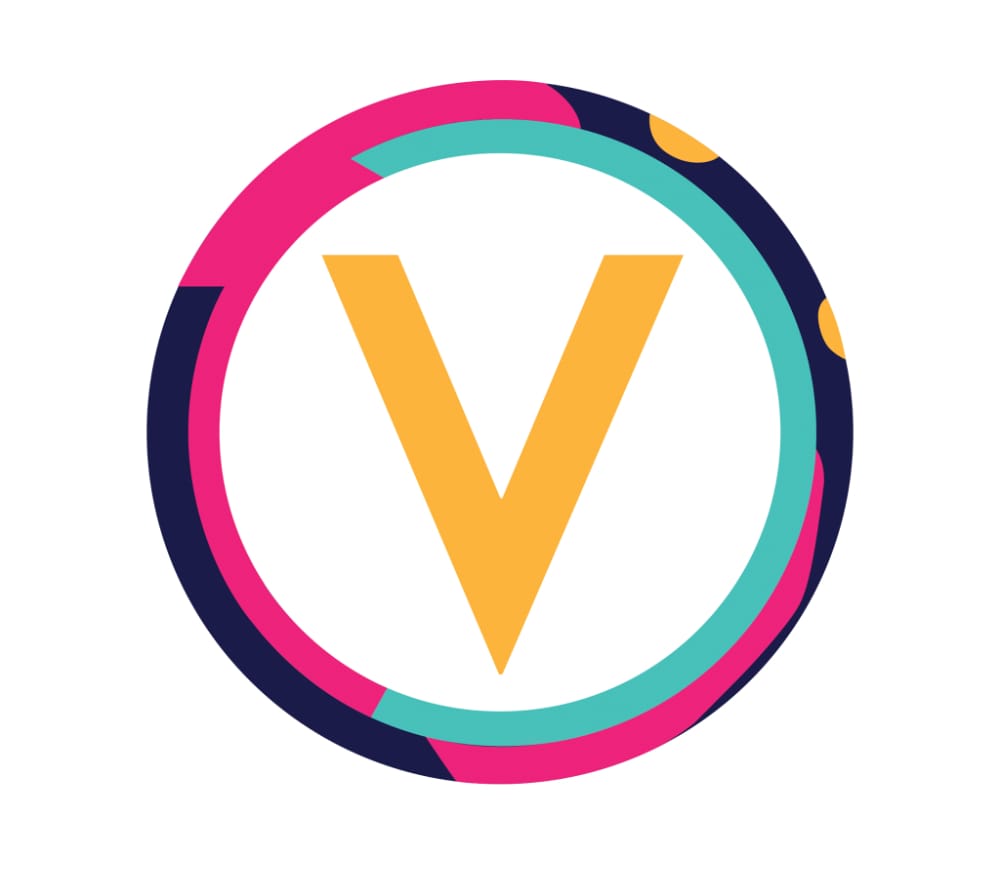 Big Yellow letter V on a white background surrounded by an multicoloured ring that looks a bit sixties