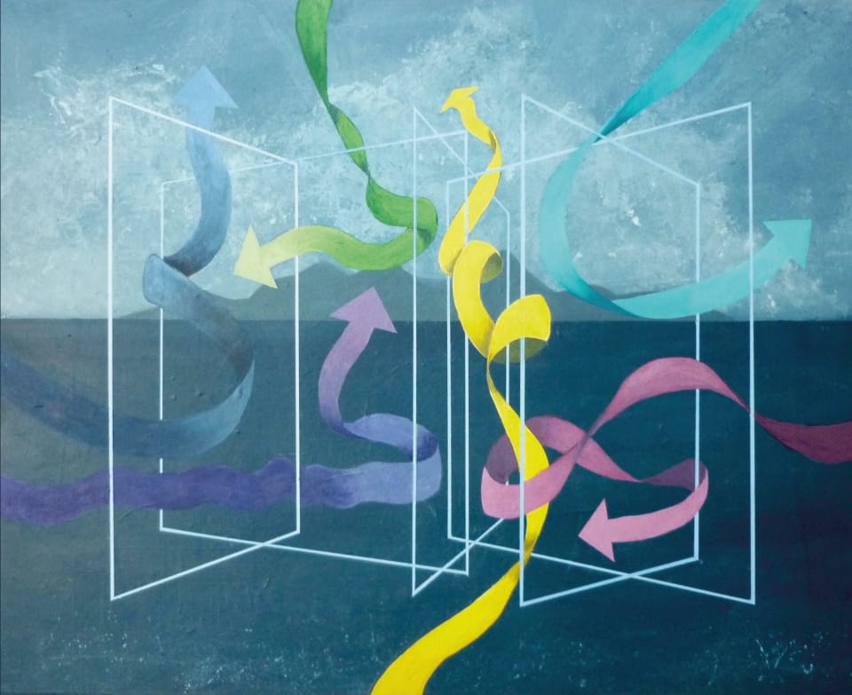 a watercolour with multicoloured ribbons with arrow shaped ends swirling on a blue textured background. There are some rectangle frames at a variety of angles.