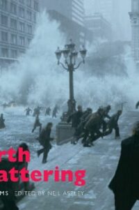 Black and white photographs of people running from a huge wave as it smashes through a city. The text "Earth Shattering" is in red