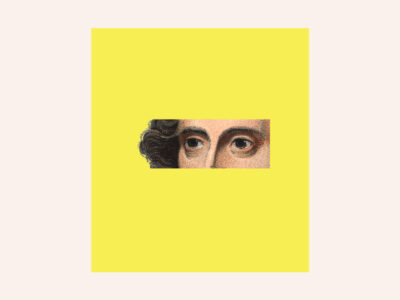 The eyes of the Bard almost like he's looking through a letterbox, on a yellow rectangle on an off white background