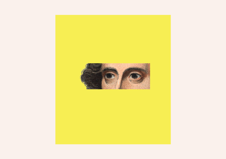 The eyes of the Bard almost like he's looking through a letterbox, on a yellow rectangle on an off white background