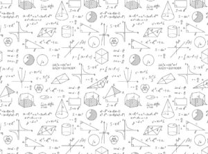Black and white image showing mathematical drawings and equations.