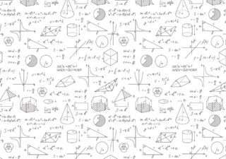 Black and white image showing mathematical drawings and equations.