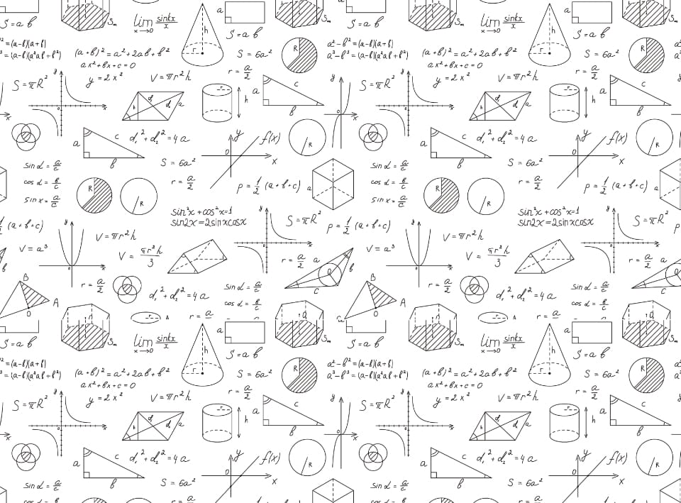 Black and white image showing mathematical drawings and equations.