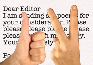 A thumbs up and a two fingers salute in front of a poetry submission letter