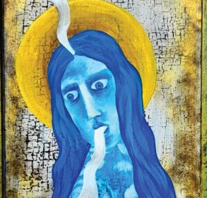 portion of book cover showing a painting of a long haired person, blue in colour with what appears to be smoke issuing from a hole in the forehead and also the mouth. the figure has a gold halo.