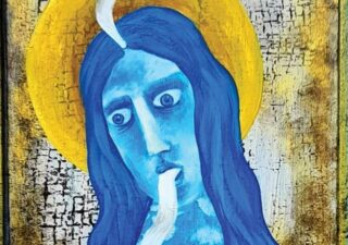 portion of book cover showing a painting of a long haired person, blue in colour with what appears to be smoke issuing from a hole in the forehead and also the mouth. the figure has a gold halo.