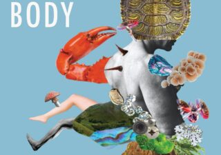 collage art incorporating a mans back, a woman's leg, various plants, a lobster claw , a turtle shell and a fly agaric mushroom. All on a pale blue background.