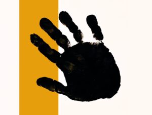 a black handprint on a white background with a yellow stripe down the left hand side