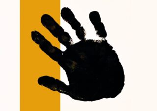 a black handprint on a white background with a yellow stripe down the left hand side