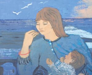 Oil painting of a woman dressed in blue holding a baby. She is sitting in front of the ocean and looks like she may be eating a biscuit. Looks like the child may also be eating a biscuit too. The predominant colours is blue.