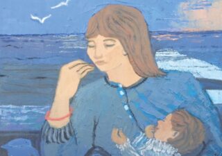 Oil painting of a woman dressed in blue holding a baby. She is sitting in front of the ocean and looks like she may be eating a biscuit. Looks like the child may also be eating a biscuit too. The predominant colours is blue.