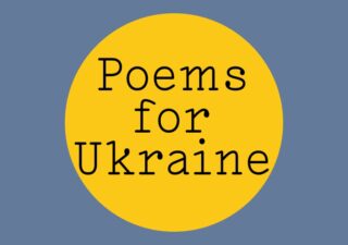 Blue flag shape with a yellow circle in the centre, on the yellow circle "Poems for Ukraine" is written in black