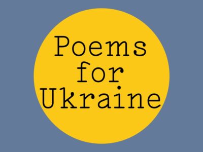Blue flag shape with a yellow circle in the centre, on the yellow circle "Poems for Ukraine" is written in black