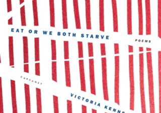 uneven red nearly vertical stripes on a white background. The words "Eat or we both starve" run across the page in a blue uppercase font, the text has a white background which bisects the red stripes.