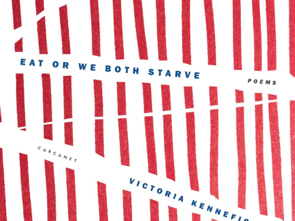uneven red nearly vertical stripes on a white background. The words "Eat or we both starve" run across the page in a blue uppercase font, the text has a white background which bisects the red stripes.