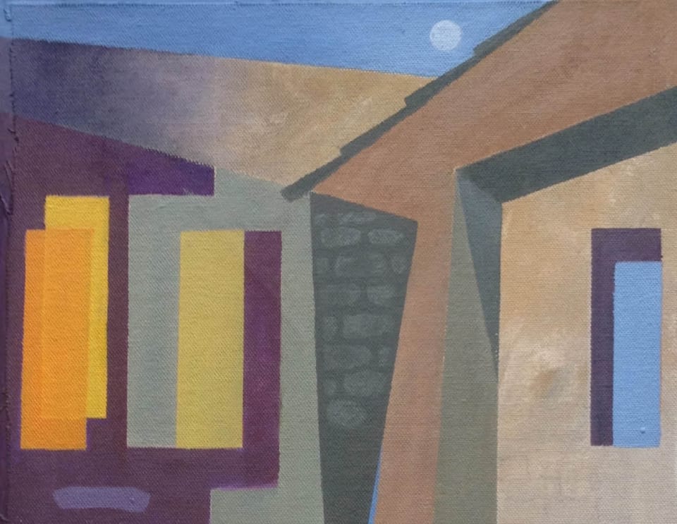 Slightly abstract painting in block colours, Yellow, beige, green, grey, sky blue, representing a building, the sky with a sun or a moon and a single window. oh, and some bricks