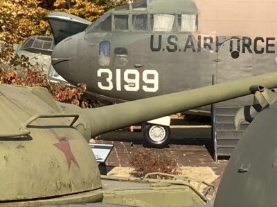 An old Russian Tank and the front of a US military plane in a museum in Korea