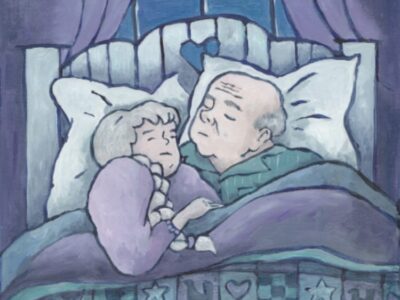 A pastel hued watercolour of two older people in a squashy bed/ A woman on the left and a man on the right. They are wearing pyjamas and appear to be sleeping in a loose embrace