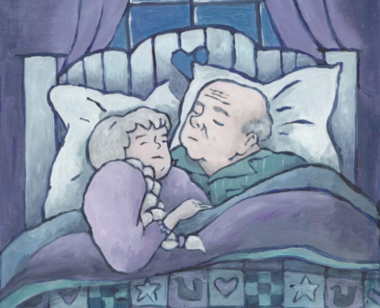 A pastel hued watercolour of two older people in a squashy bed/ A woman on the left and a man on the right. They are wearing pyjamas and appear to be sleeping in a loose embrace