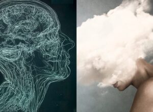 Two book covers, both have faces on, both looking roughly towards the centre of the image. The left hand image has an head drawn with lots of wavy green lines on a black background, the right hand shows a woman's head mostly hidden by a cloud, we can see her lips and chin and one shoulder.