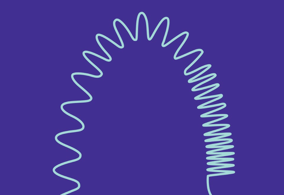 Bright purple background with a light coloured wavy line in a loose arch