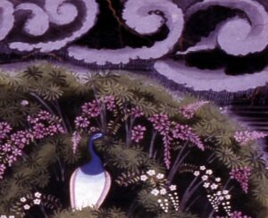 painting of a verdant hillside with a peacock in the foreground in front of some purple flowers