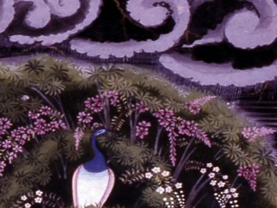 painting of a verdant hillside with a peacock in the foreground in front of some purple flowers
