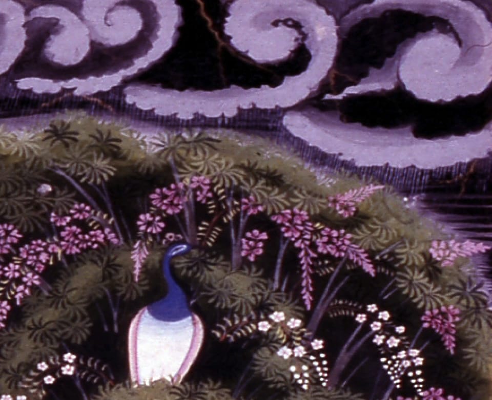 painting of a verdant hillside with a peacock in the foreground in front of some purple flowers