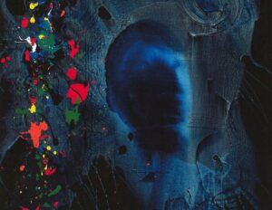 abstract image of a blurred blue head on a blue background with yellow red and green leaf like paint splurges running down the left hand side