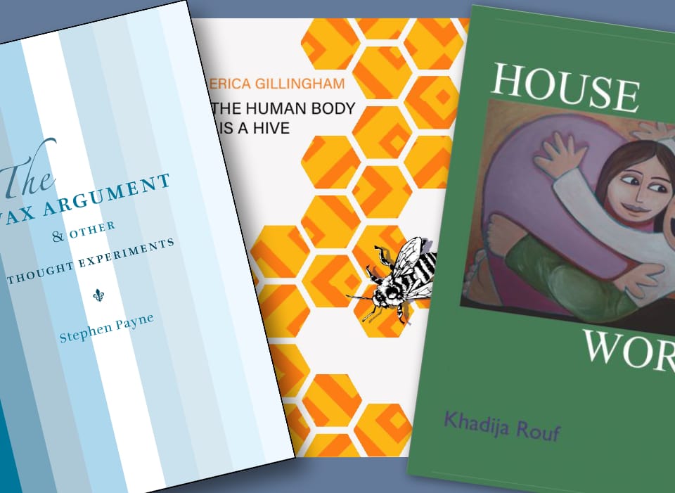 three book covers in a fan shape, one has blue and grey vertical stripes, one has a pattern of hexagonal cells a bit like a hive with a black and white bee on it, one is green with a painting of a mother and daughter