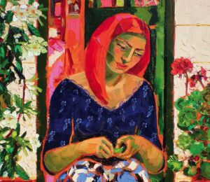 A painting of a woman shelling peas, the clouds are bright, she has red hair and a blue blouse with small white flowers on it