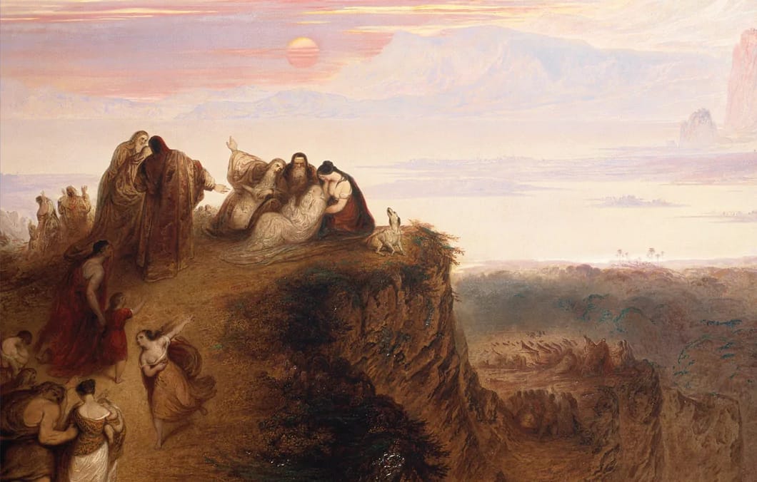 Part of a painting of an Old Testament scene where white-bearded patriarch Methuselah has instructed Noah to open a prophetic scroll which foretells the flood sent by God. Circling ravens add to the sense of foreboding, while antediluvian revellers continue their dancing in the middle distance, oblivious of the devastation to come.
