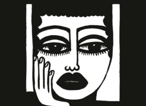 Could be a woodcut, a black and white graphic of o woman's face, her chin is rising in her hand.